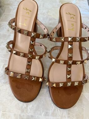 French Sole Tan Gold Studded Strappy Heels